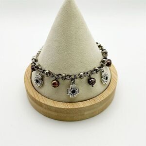 Vintage Silver Tone Charm Bracelet Cross & Bronze Pearl Beaded Dangle Charms 8"